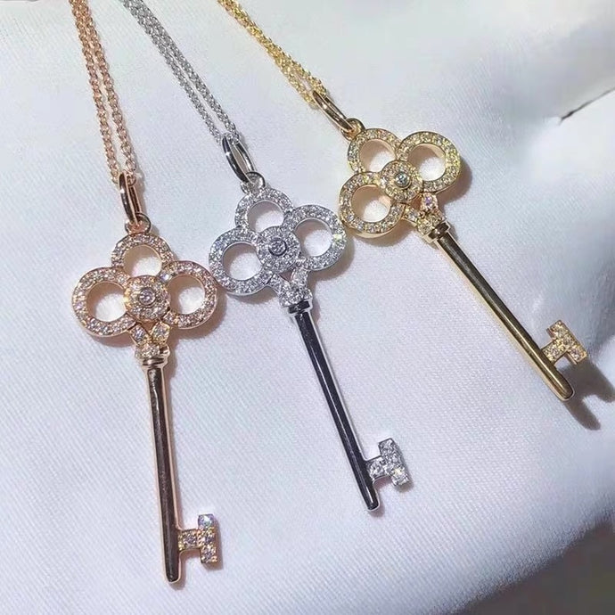 Pure 18K gold crown key pendant necklace